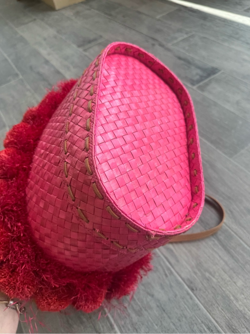 Tory Burch Handwoven Nora Bucket Tote in Red and Pink - Picture 5 of 16